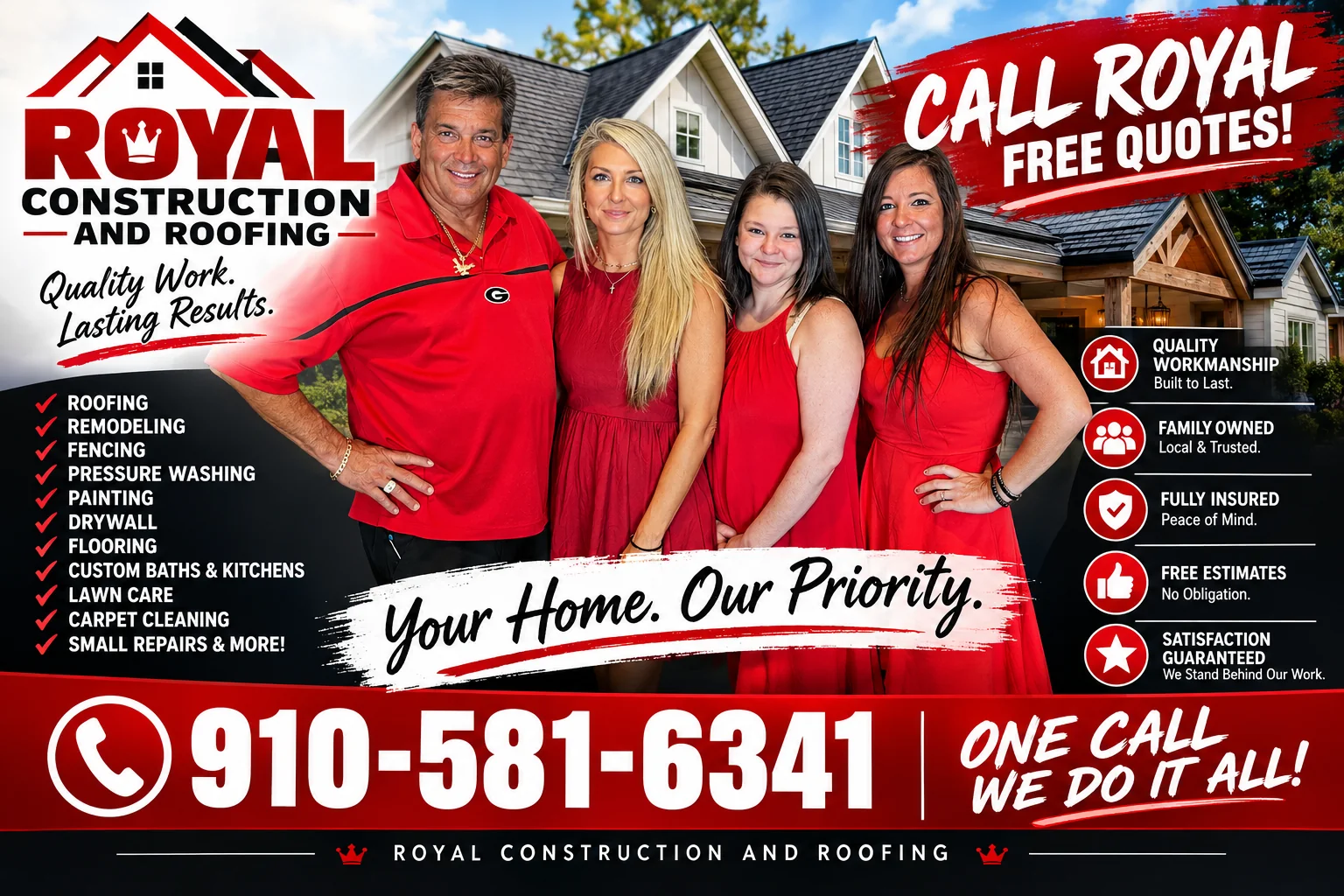 Royal Construction and Roofing flyer: four people in red in front of a house. Everything it says is written on this page.